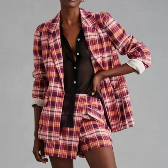 Anthropologie Jackets & Blazers - Anthropologie Maeve Slim One Button Blazer Raspberry Plaid US 10